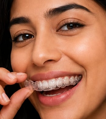 Patient placing clear aligners for discreet orthodontic treatment