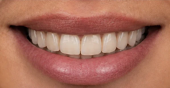 Stained teeth restored with crowns — after