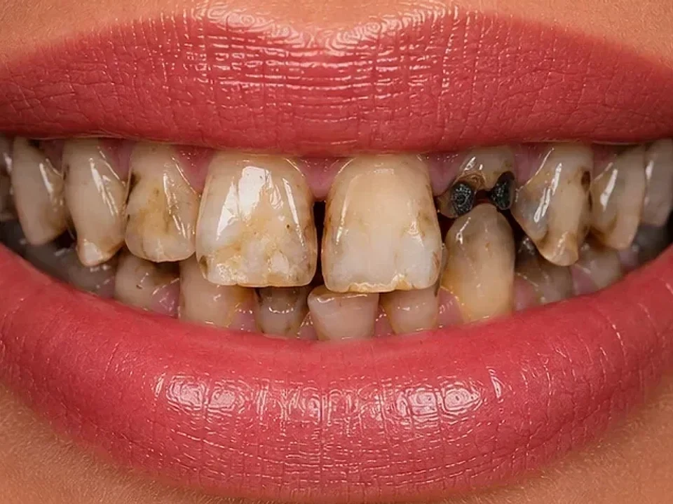 Damaged teeth restored to a lasting smile — before