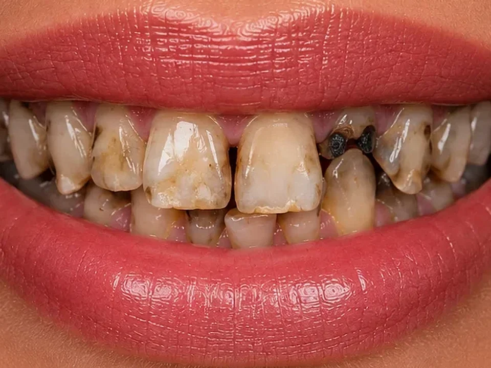 Damaged teeth restored to a lasting smile — before