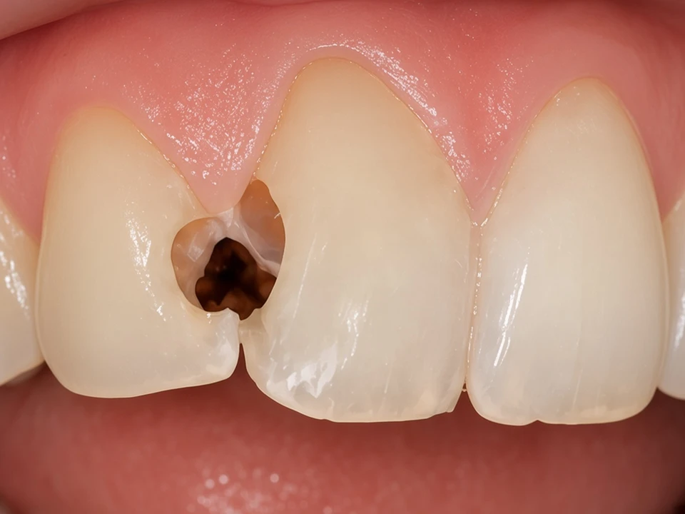 Weakened tooth after severe decay restored — before