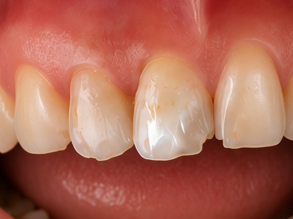 Root-treated tooth protected with a crown — before