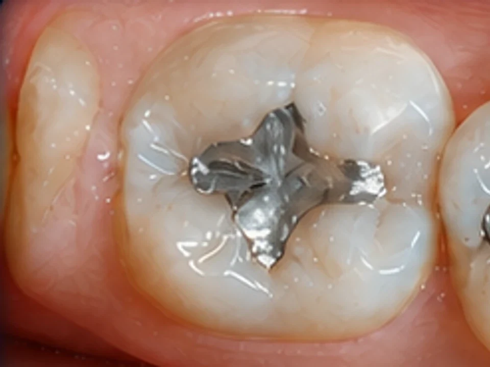 Metal amalgam fillings replaced with tooth-coloured restorations — before