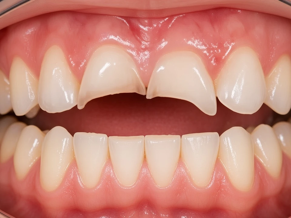 Chipped or broken teeth repaired with precision veneers — before