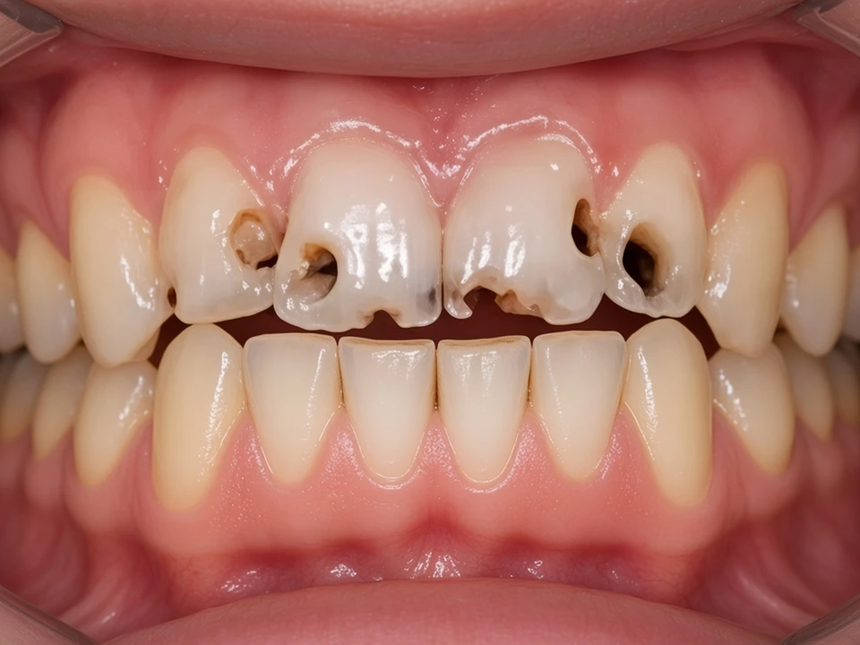Decayed or damaged teeth restored with durable crowns — before