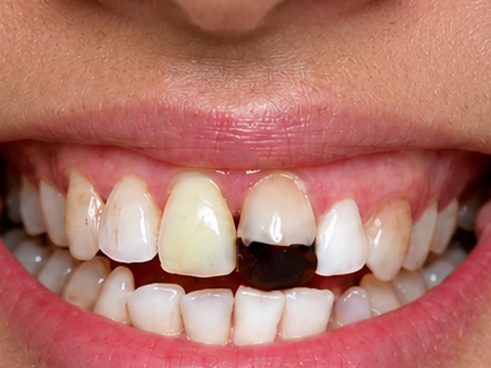 Discolored, damaged front teeth restored with a smile makeover — before